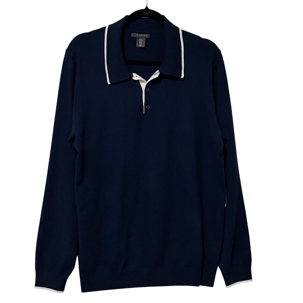 Marconi Mens XL Navy Blue Knit Sweater‎ Long Sleeve Contrast Trim Trimmed - NEW